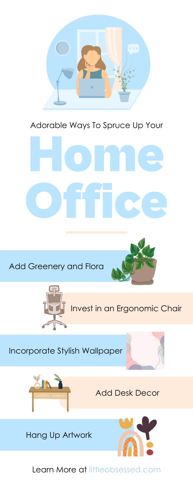 <p>A home office is an excellent way to obtain privacy and hunker down to do your work. However, your office should feel inspiring and encourage creativity. Check out these <strong>adorable ways to spruce up your home office </strong>that will improve your mood and your room’s style.</p><h2>Add Greenery and Flora</h2><p>Did you know that houseplants can help purify the air in your home? If your office lacks life or colors, greenery and flora can make a considerable difference in the mood of your space. You can choose from a multitude of sturdy houseplants, such as succulents, pothos, snake plants, spider plants, jade plants, and many more.</p><p>You can also start an herb garden in your window to grow edible plants and release a delightful scent throughout your office. Flowers and houseplants can enhance the smell of your office, naturally removing odors from the air. Furthermore, they can help improve the mood of your office space considerably. </p><h2>Invest in an Ergonomic Chair</h2><p>When you spend hours at a time focused on work, your body can become compromised due to improper chair support. A stylish ergonomic chair can make a considerable difference in how you feel at the end of the day, as it provides proper support so you don’t have to adjust your body throughout the day.</p><p>Not only are ergonomic chairs helpful in improving your focus and how you feel, but they can also visually enhance the look of your office space. You can choose from many styles and colors, from neutral shades to brighter, eye-catching hues. While ergonomic chairs can come with a higher price tag, a comfortable place to sit is worth the investment.</p><h2>Provide Additional Seating for Guests</h2><p>While your home office offers privacy so you can focus on everyday tasks, you might have a visitor from time to time. If coworkers come to your home office for work purposes, additional seating can add style to your space and help your colleagues feel more comfortable. Many guest seating options are stylish and sleek, especially when paired with a coffee table or end tables.</p><p>Consider the type of seating you want to provide for visitors. Do you want to add a couple of comfortable chairs, or would you prefer a small couch? Is additional seating necessary for your office space? Do you have visitors often? If so, extra seating is an incredibly considerate option that also enhances the professionalism of your office.</p><h2>Incorporate Stylish Wallpaper</h2><p>One benefit of having an at-home office is making the room completely your own. If you have dull walls, you can brighten them with eye-catching, artistic wallpaper. Choose a wallpaper style that suits your tastes and interests, from different color combinations to unique patterns.</p><p>You can opt for stick-on wallpaper, wood wallpaper, vinyl, textured wallpaper, or another choice for the perfect addition to your office space. The possibilities are limitless, with options including animal print, floral and greenery, patterns, glittery or reflective styles, solid colors, and more. You can make one wall your office’s focal piece or background accent to match your room’s overall theme perfectly.</p><h2>Add Desk Decor</h2><p>If your work desk currently only has a notebook and a computer, you can go above and beyond to make it visually captivating. If you love stationery and taking notes, you can find colorful, themed writing supplies to help you feel more inspired as you work. For instance, choosing writing supplies, such as pens, pencils, notepads, erasers, pencil holders, organizers, sticky tabs, and more, with the same colors or patterns can make your desk appear more organized and cohesive.</p><p>Furthermore, adding desk decor can help with everyday stressors while keeping your desk looking more filled out. You can find miniature Zen gardens, greenery, calendars, diffusers, fidget toys, and other goodies to help brighten your desk space. Small additions to your desk can help bring a touch of your personality into your office.</p><h2>Hang Up Artwork</h2><p>A home office should always have personality. You can transform a drab, uninteresting office into a flashy, visually impressive one by adding wall art and decor. Determine your theme and layout before installing any of your art pieces so you can keep things cohesive and exciting.</p><p>There are many themes to choose from to make your home office stand out. You can even use a painting, wallpaper, or a specific piece of decor as a focal point to center your entire office around. Decorating your office is a perfect opportunity to be creative and think outside the box.</p><h2>Take Time To Clean Up</h2><p>As time passes, your home office can become dirty and dusty or accumulate debris. If your office has become more cluttered than usual, take time out of your schedule to create a cleaning routine. Your office will look better because of it, and you’ll feel better as you sit down to focus on work.</p><p>If you live with allergies, cleaning up dust and other contaminants can help reduce allergic reactions. Also, bringing clients or employees to your home office will feel less nerve-wracking when you maintain a clean, organized space. Take the time to manage files, optimize your computer, dust surfaces, clean up spills, and put away unnecessary items.</p><h2>Make the Flooring Cozy and Soft</h2><p>Replacing the flooring in your home office can be time-consuming and expensive. Instead of replacing the flooring, invest in a beautiful center rug and accent rugs to give your floor visual interest. There are many rug options available, including animal print, geometric, floral, distressed, faux fur, and many more.</p><p>Adding rugs is not only an <strong>adorable way to spruce up your home office</strong>, but it also provides comfort and coziness. If you have hardwood flooring, a plush rug can help prevent tired, aching feet. It also gives you a different place to sit if you want a break from working at your desk. You can place a coffee table and a meditation pillow on your rug and enjoy a break by stretching your legs.</p><p>Whether you’re looking to redecorate your office or gift small goodies to friends or loved ones, Little Obsessed offers the best miniature gifts. We specialize in small, unique items that considerably impact someone’s life, making them the perfect gifts for an array of occasions. Also, our <a href="https://www.littleobsessed.mom/desk-accessories/">mini desk items</a> make wonderful additions to your desk—from miniature Zen garden kits to tiny house box calendars, you’ll find exactly what you’re looking for. If you have any questions about our miniature items and goodies, feel free to reach out.</p>